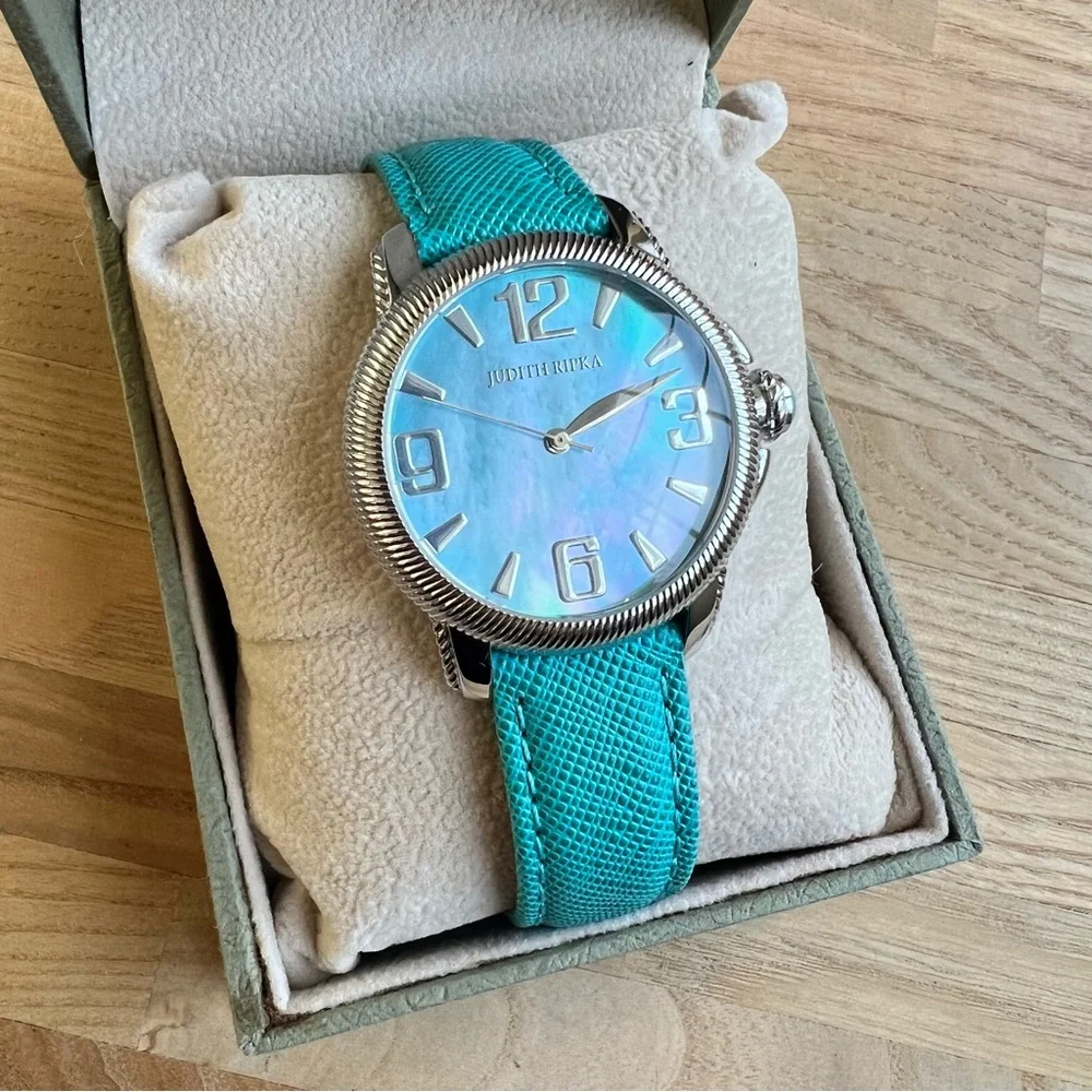 Judith Ripka ladies stainless steel and leather Olympia dress watch NEW BATTERY